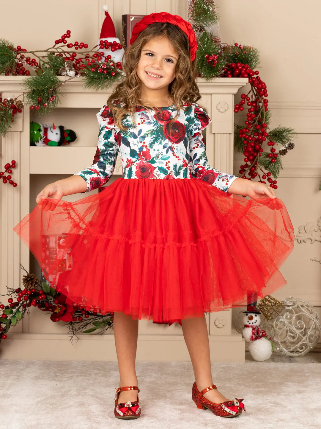 Cute Christmas Dresses | Little Girls Winter Floral Layered Tutu Dress Mia Belle Girls Cute Christmas Dresses | Little Girls Winter Floral Layered Tutu Dress Mia Belle Girls