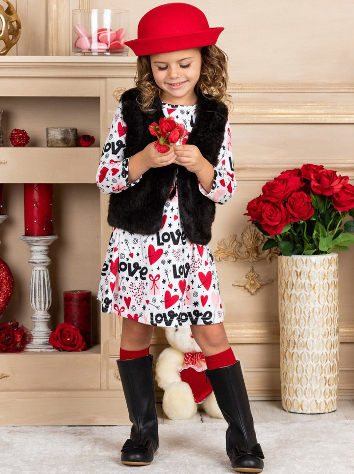 Girls Long Sleeve Valentine Dress and Fuzzy Vest Set 2T-10Y
