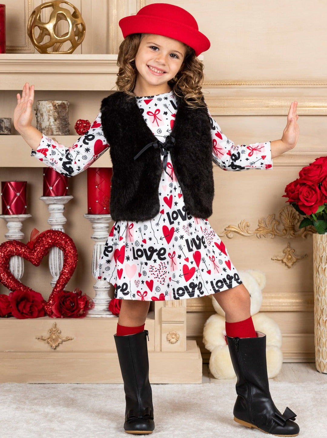 Girls Long Sleeve Valentine Dress and Fuzzy Vest Set 2T-10Y
