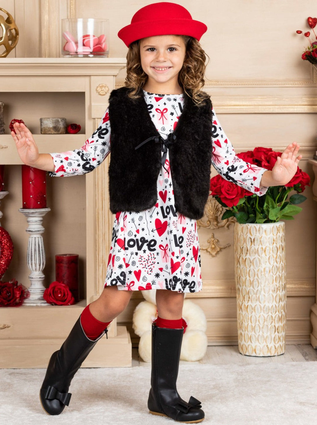 Girls Long Sleeve Valentine Dress and Fuzzy Vest Set 2T-10Y