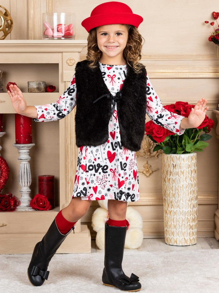 Girls Long Sleeve Valentine Dress and Fuzzy Vest Set 2T-10Y