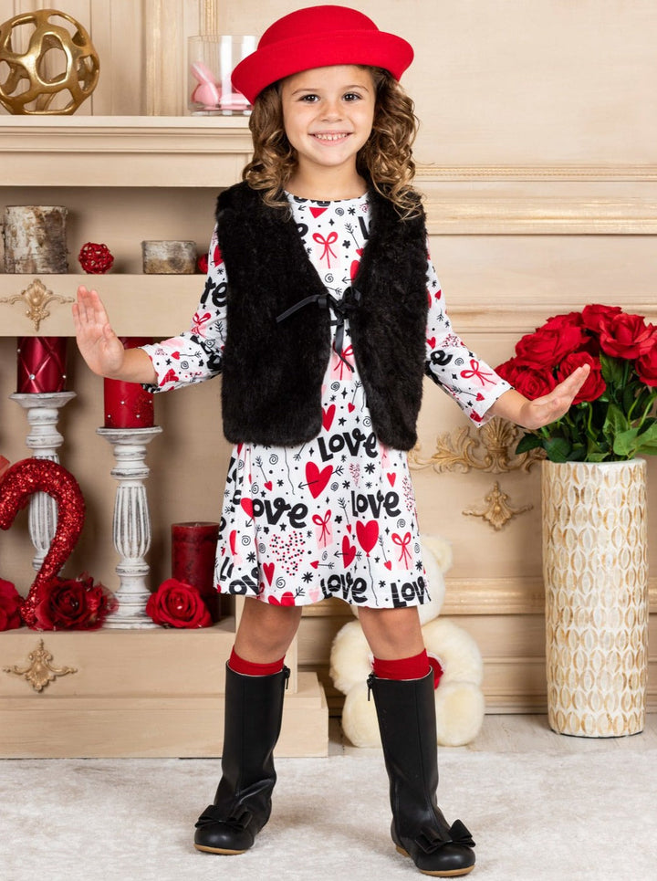 Girls Long Sleeve Valentine Dress and Fuzzy Vest Set 2T-10Y