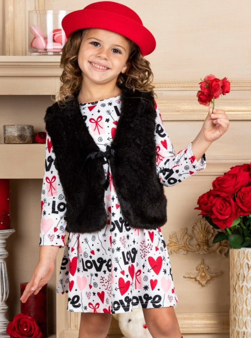 Girls Long Sleeve Valentine Dress and Fuzzy Vest Set 2T-10Y