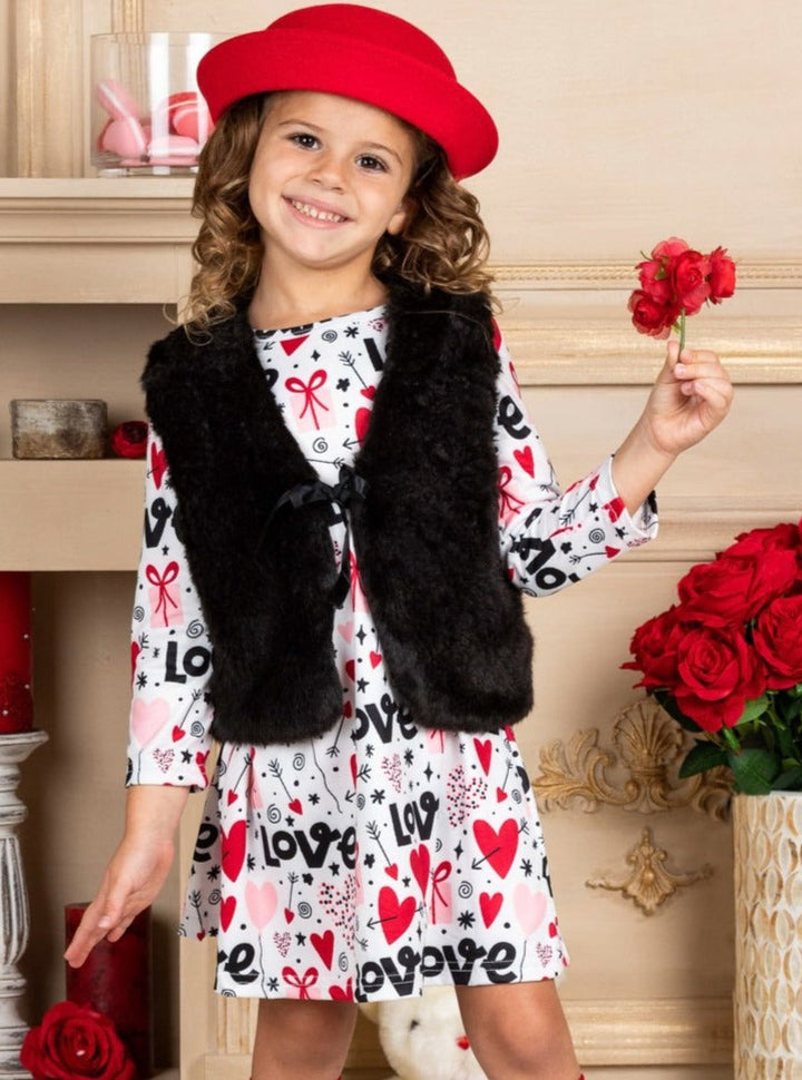 Girls Long Sleeve Valentine Dress and Fuzzy Vest Set 2T-10Y