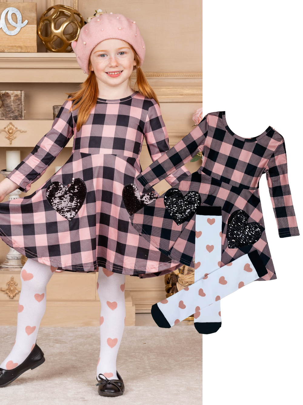 Kids Valentine's Clothes | Plaid Sparkle Pocket Dress & Knee Socks Set