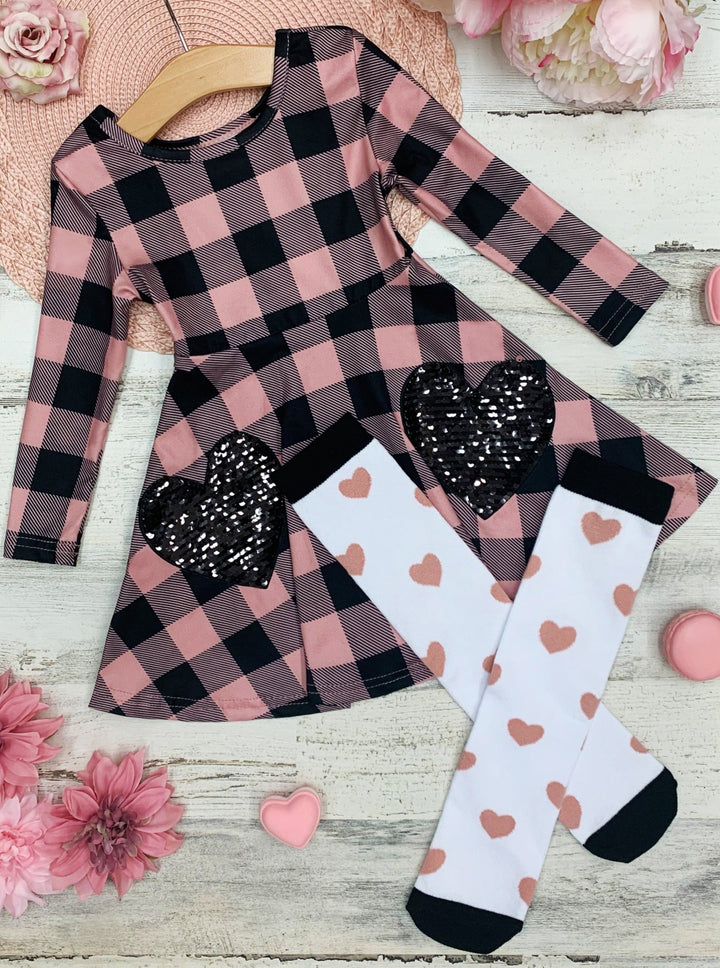 Kids Valentine's Clothes | Plaid Sparkle Pocket Dress & Knee Socks Set