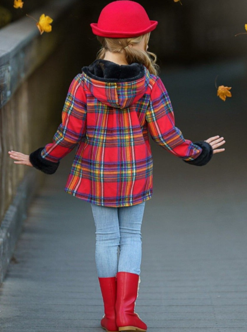 Toddlers Fall Coats | Girls Plaid Hoodie Coat with Faux Fur Cuffs 