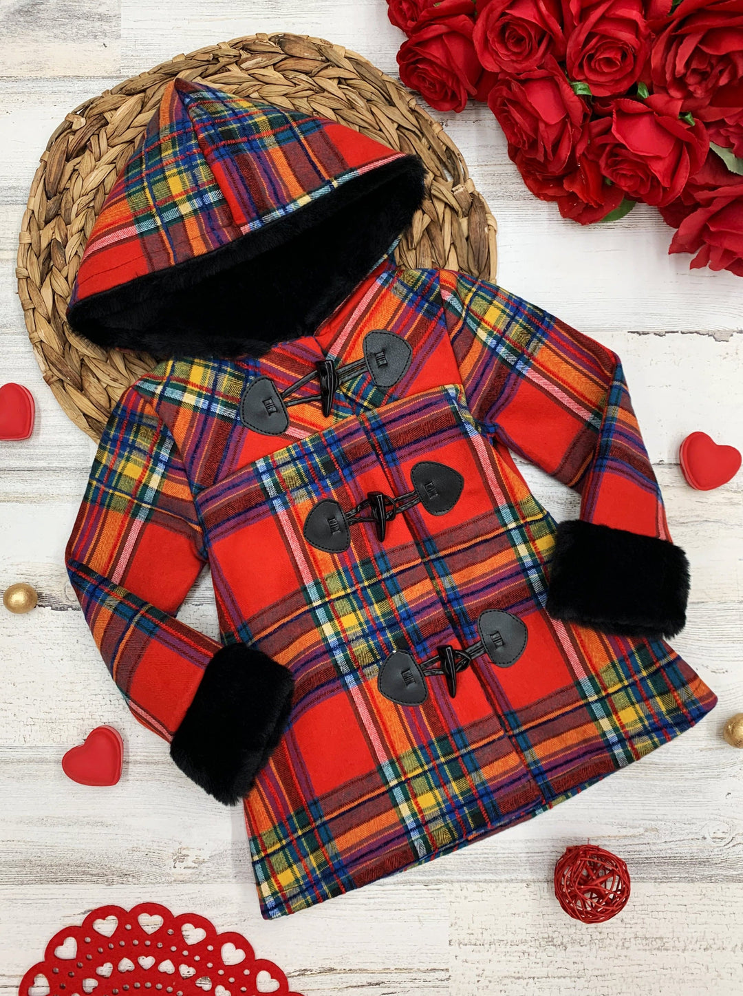 Toddlers Fall Coats | Girls Plaid Hoodie Coat with Faux Fur Cuffs 