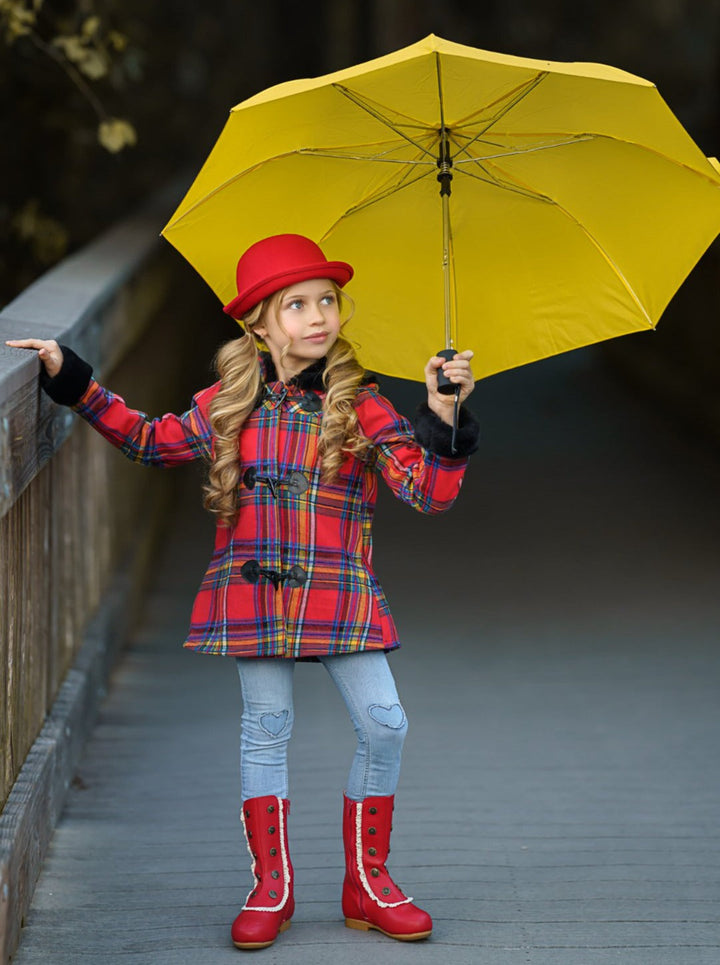 Toddlers Fall Coats | Girls Plaid Hoodie Coat with Faux Fur Cuffs 