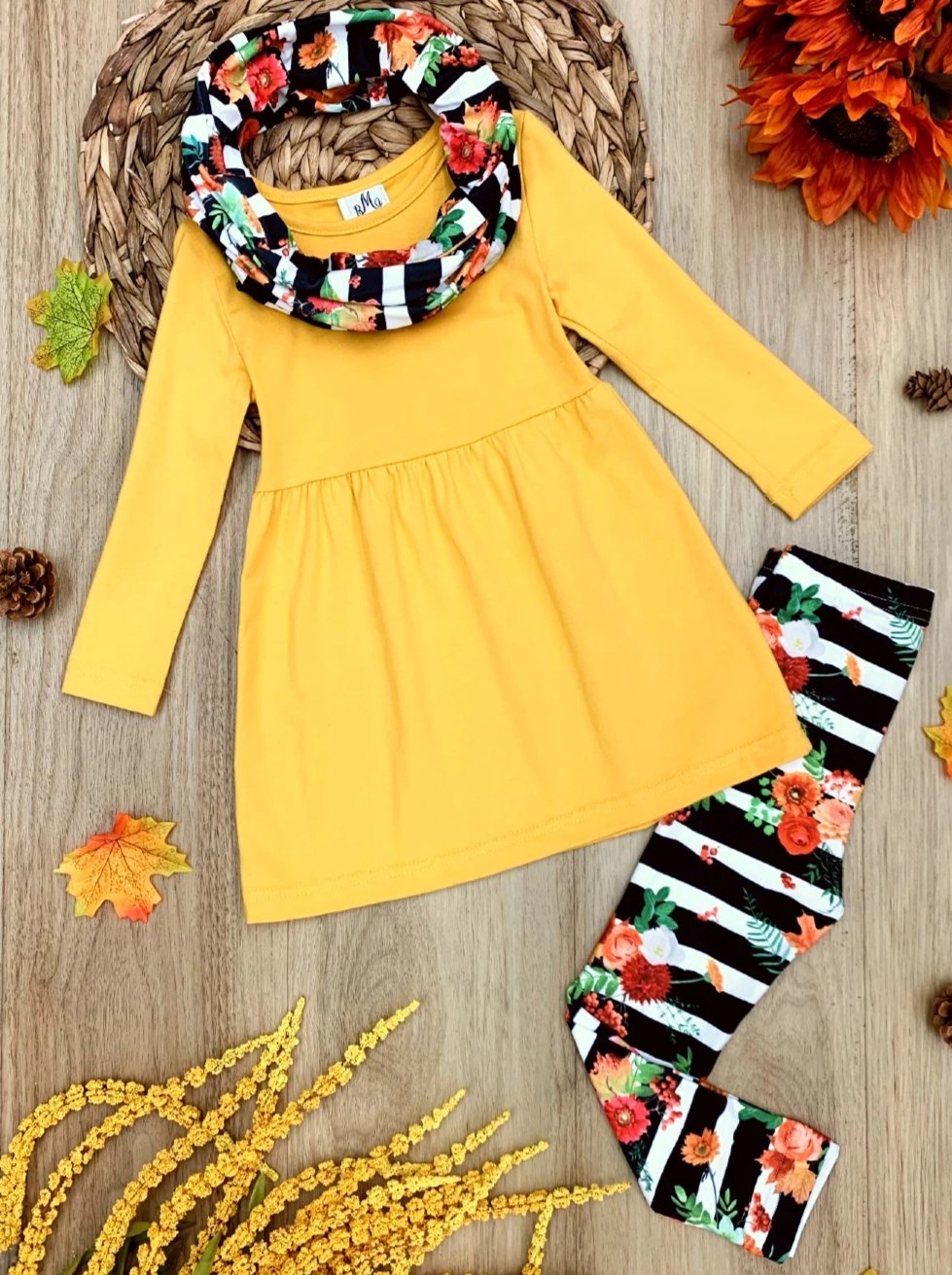 Cute Girls Fall Outfits Floral Striped Tunic, Leggings Scarf