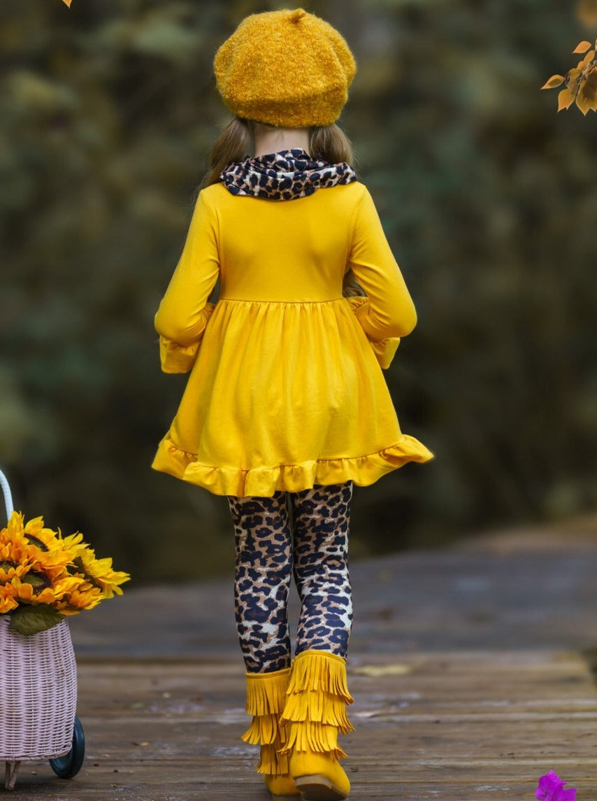 Little girls Fall long-sleeve hi-lo top with ruffle hem and cuffs, leopard leggings, and matching infinity wrap scarf - Mia Belle Girls