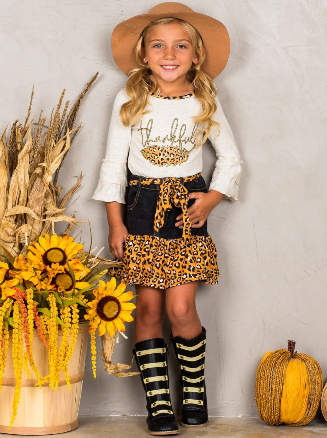 Fall Outfit Thankful Leopard Ruffle Denim Skirt Set Cute Girls