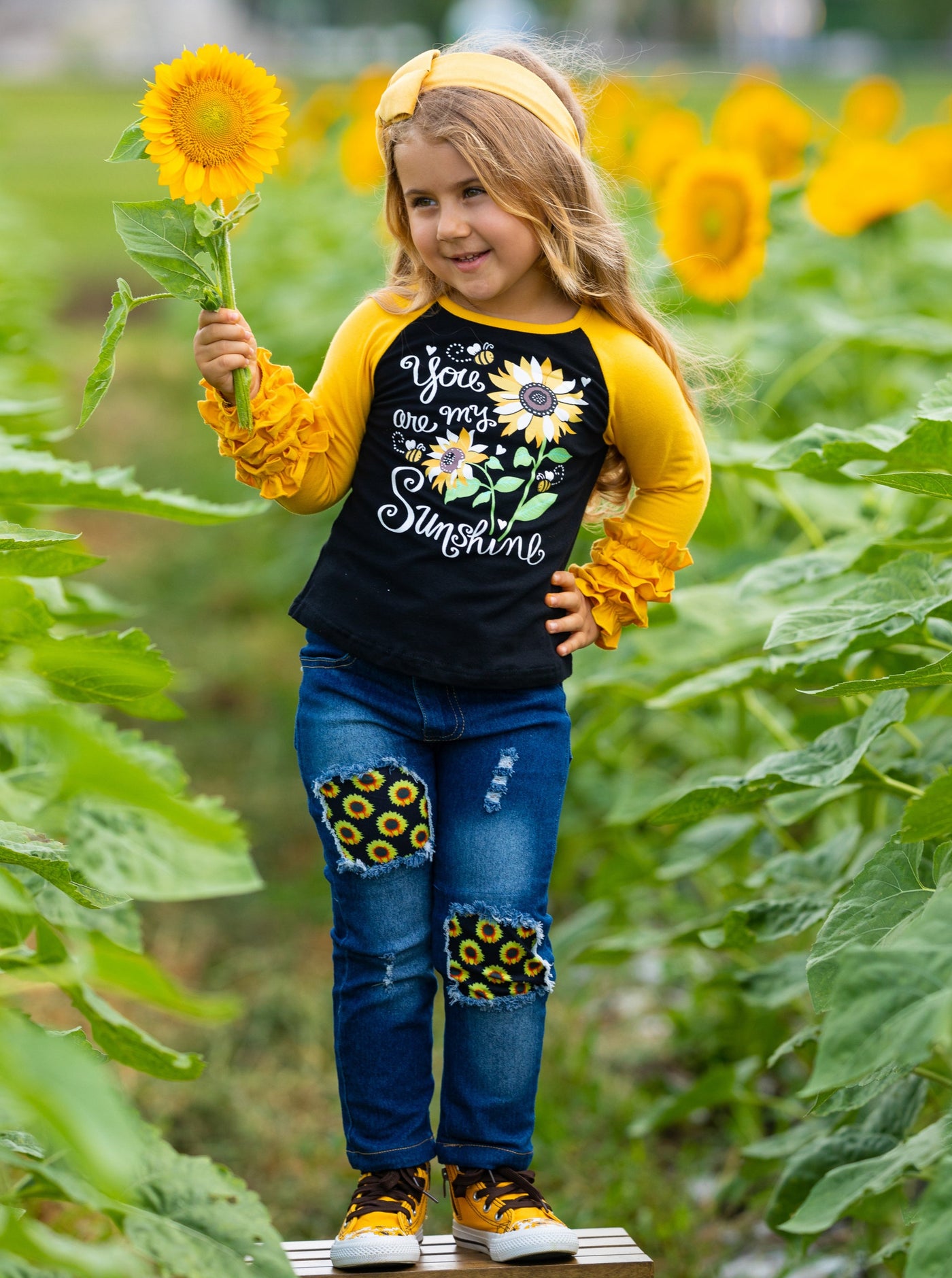 Girls Fall Outfits | Raglan Top & Patched Jeans Set - Mia Belle Girls