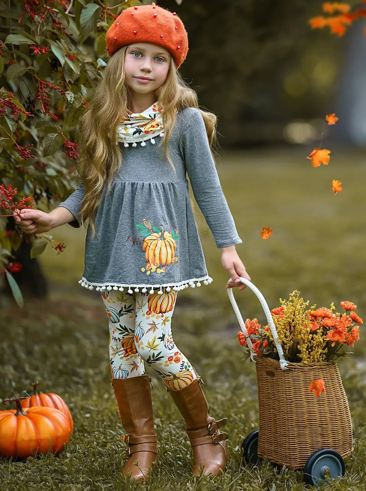 Cute Outfits For Girls | Fall Pumpkin Tunic, Legging And Scarf Set ...