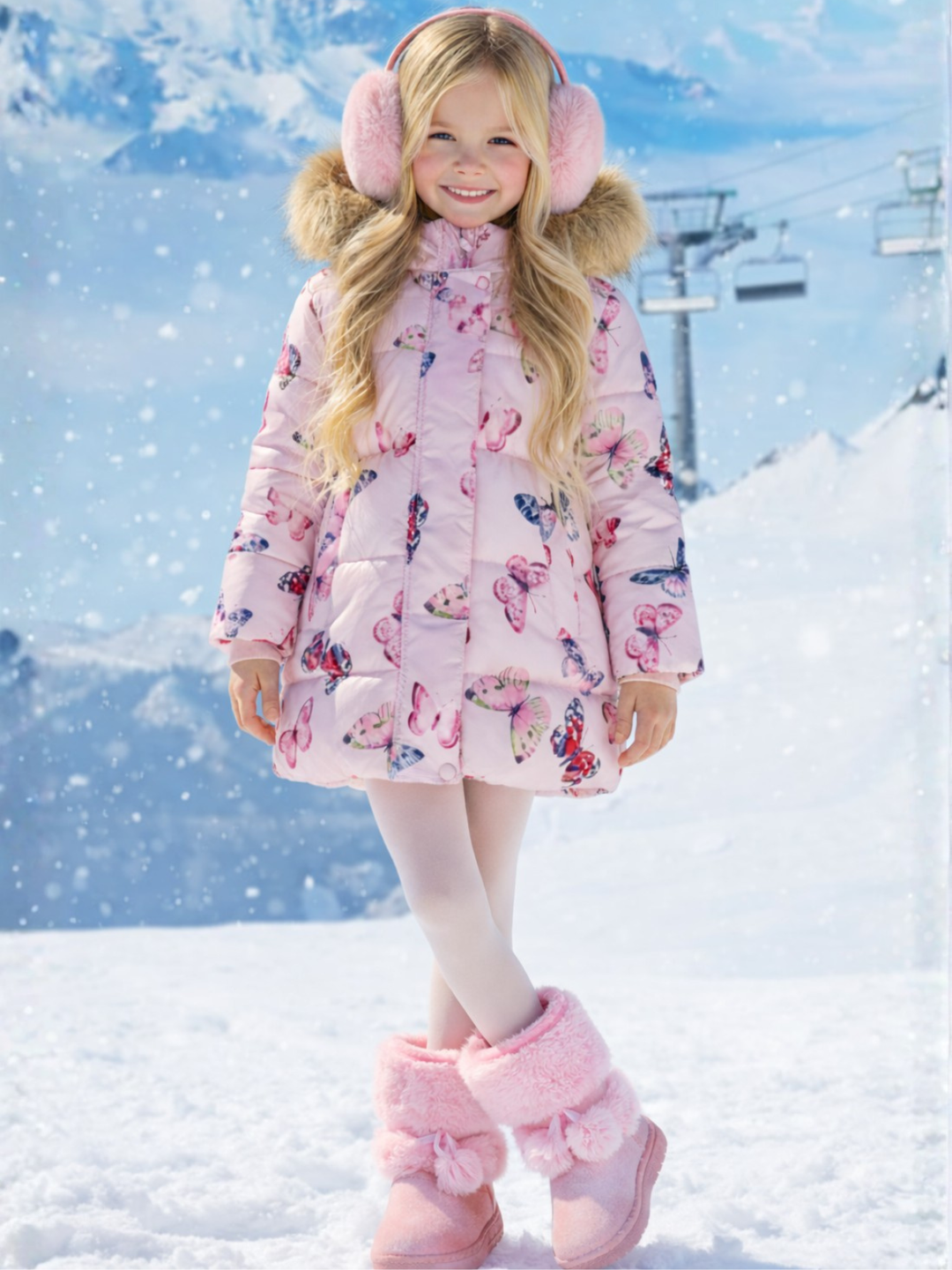 Flutter Bliss Butterfly Print Fur-Trim Hooded Puffer Coat Mia Belle Girls