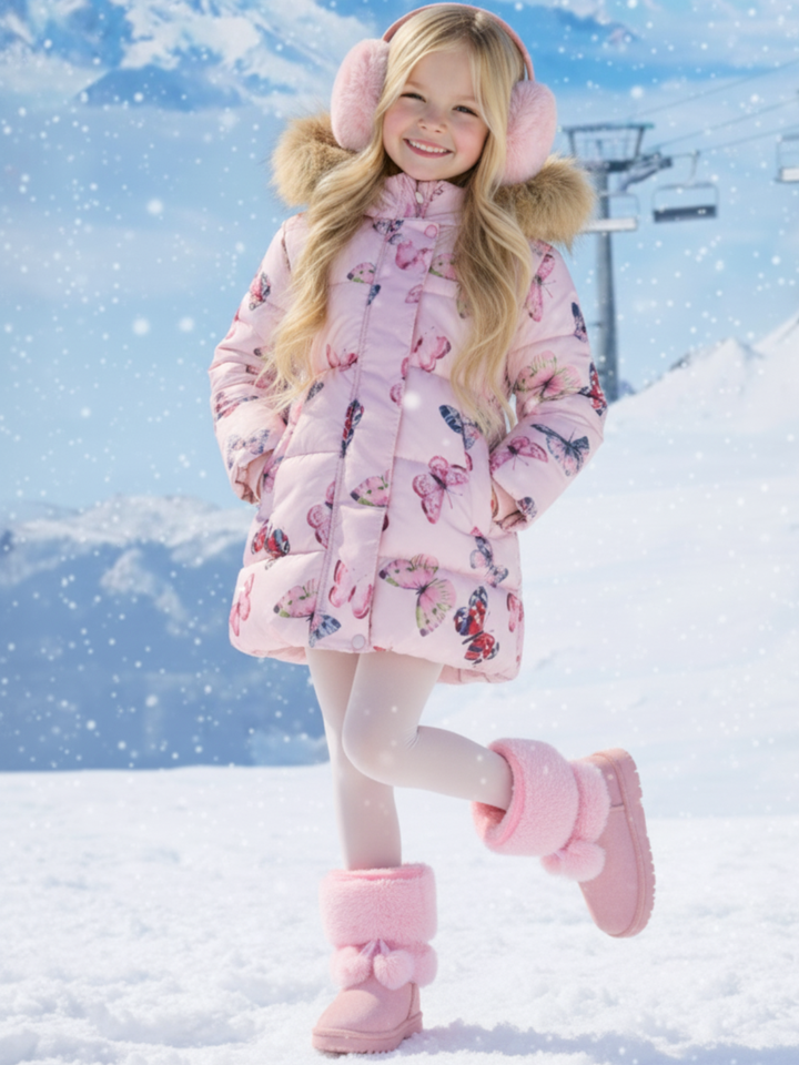 Flutter Bliss Butterfly Print Fur-Trim Hooded Puffer Coat Mia Belle Girls