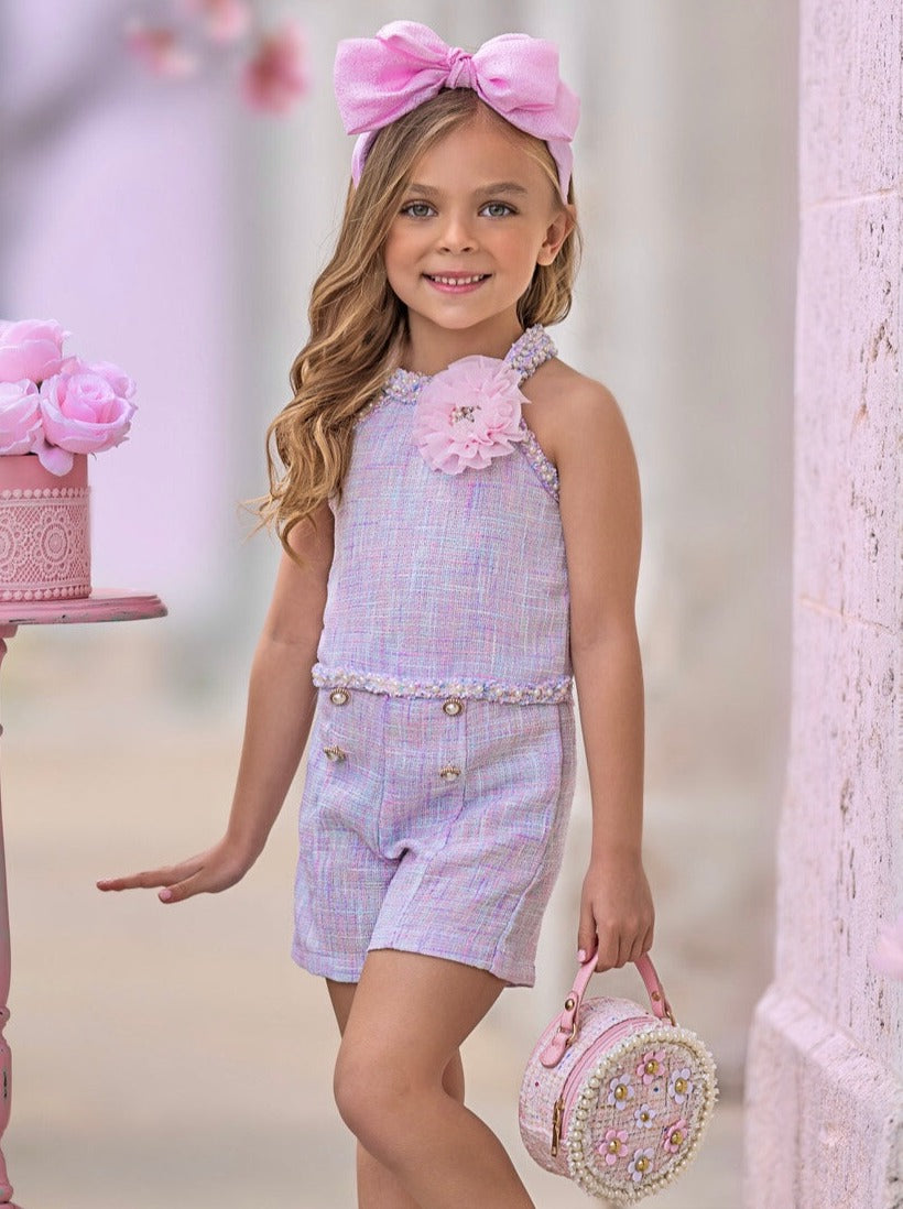 Celebrate With Flair Pastel Halter Tweed Top And Short Set