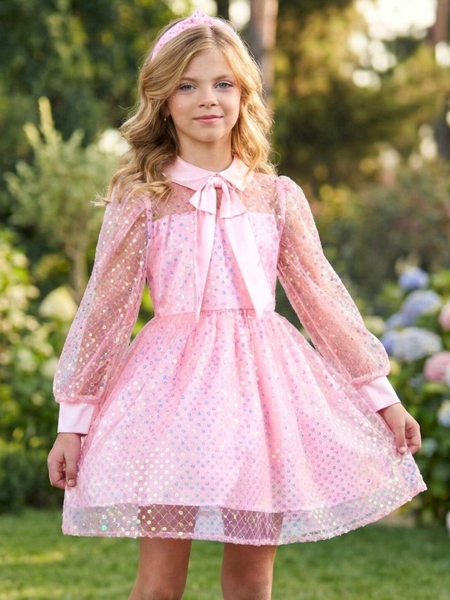 Pastel Pink Sequin Bow Party Dress Mia Belle Girls