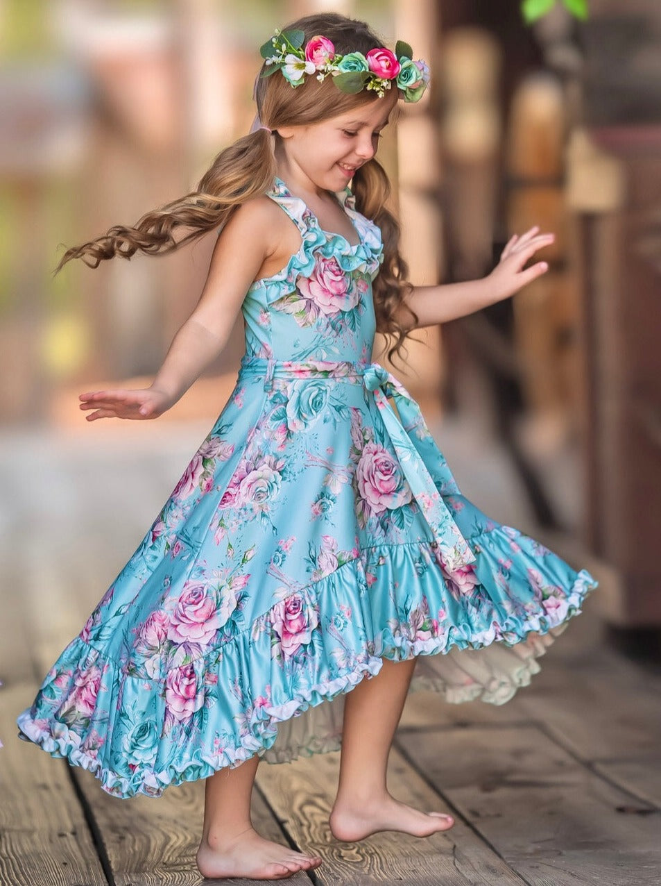 Mia Belle Girls Mint Rose Print Hi-Lo Ruffle Dress
