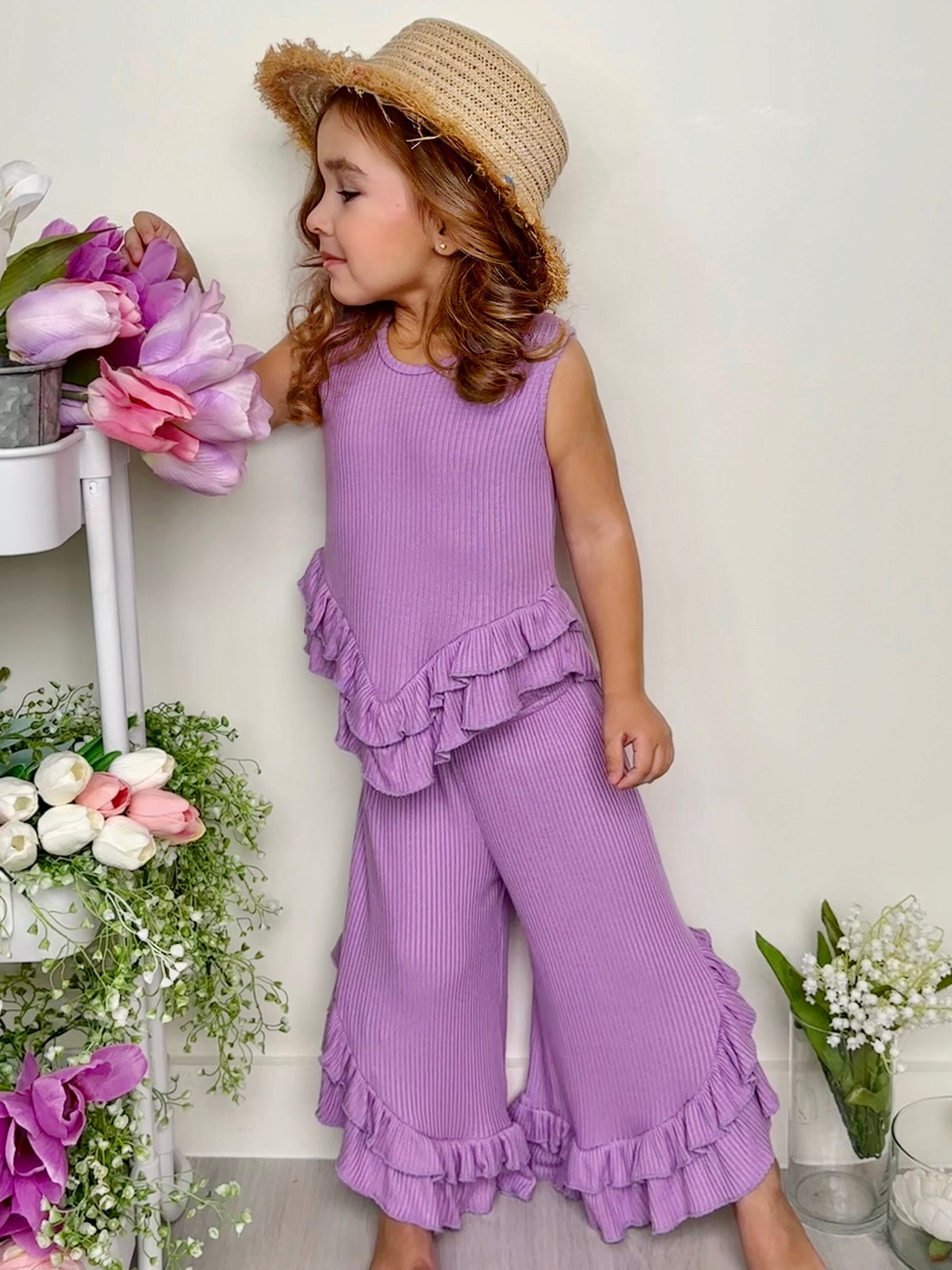 Just Being Cute Lilac Ruffle Pants Set