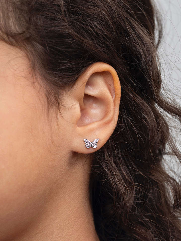 Sterling Silver Pink Butterfly Girls Stud Earrings