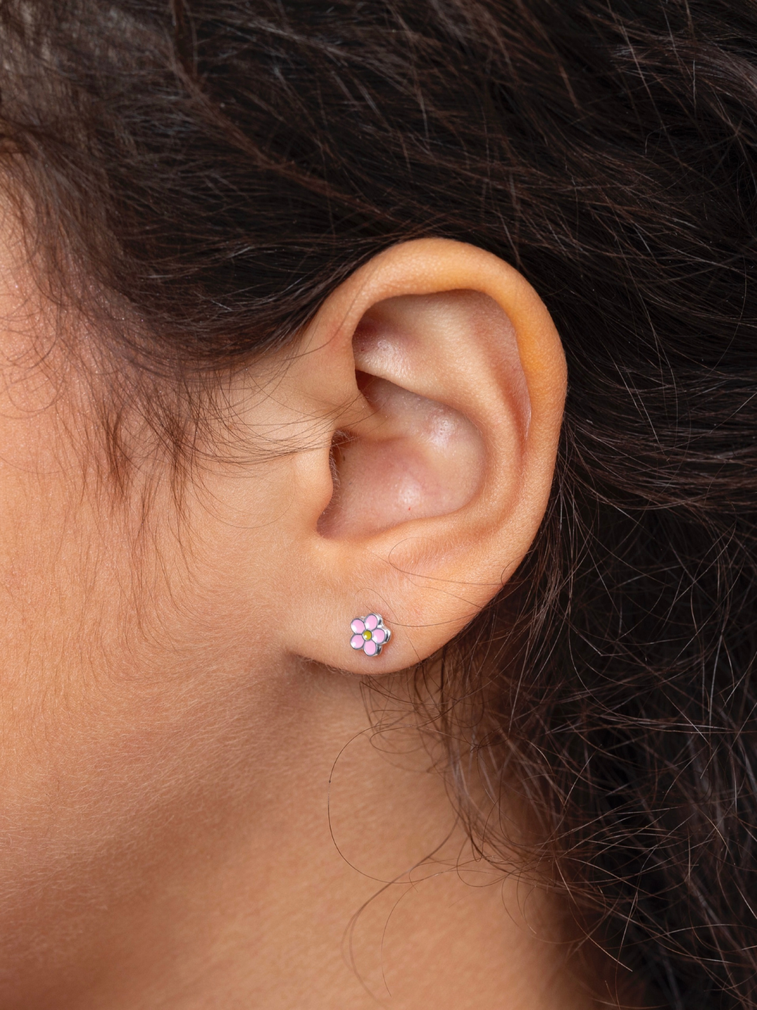 Pink Daisy Flower Silver Stud Earrings