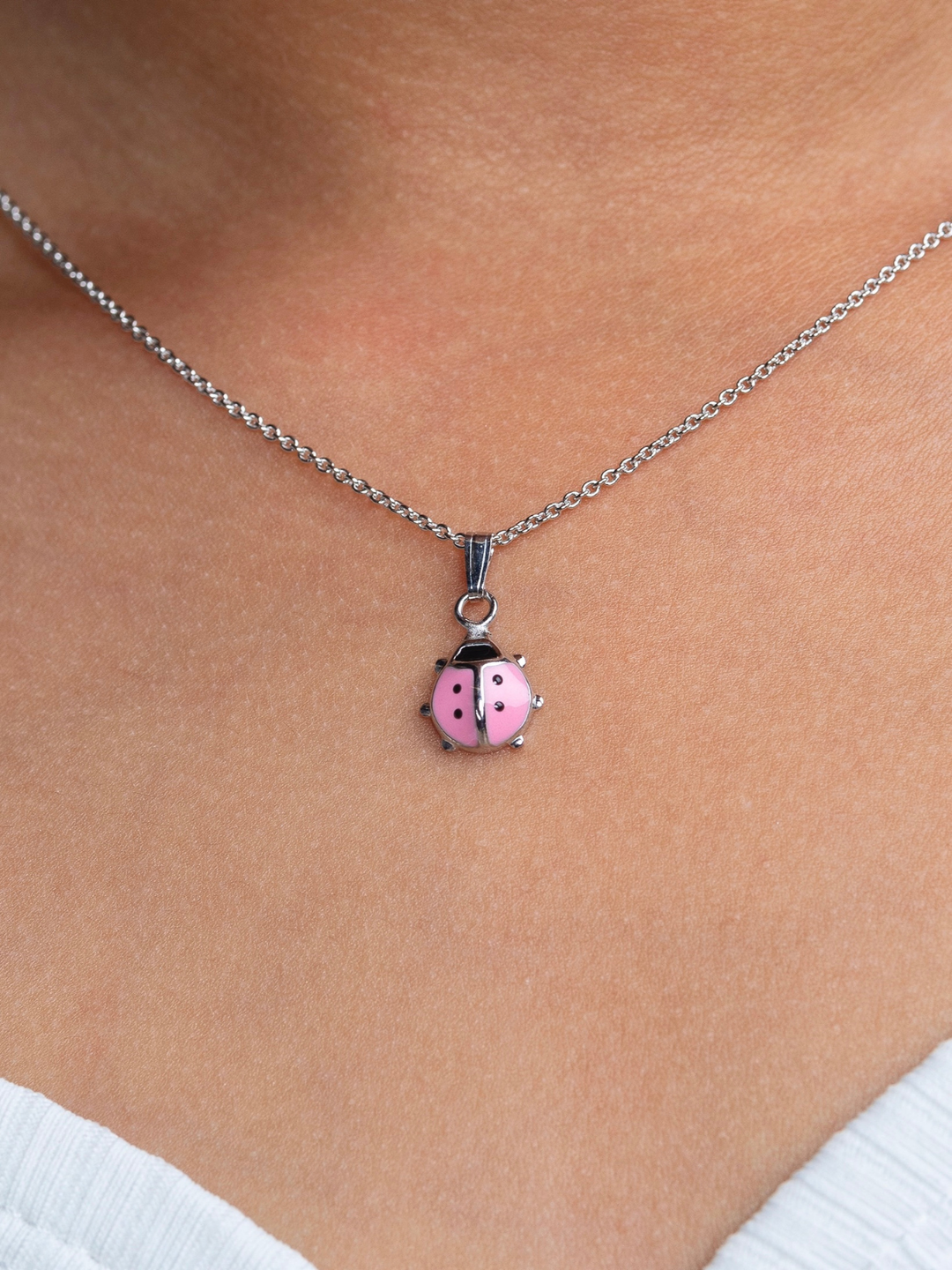 Sterling Silver Pink Ladybug Pendant Necklace