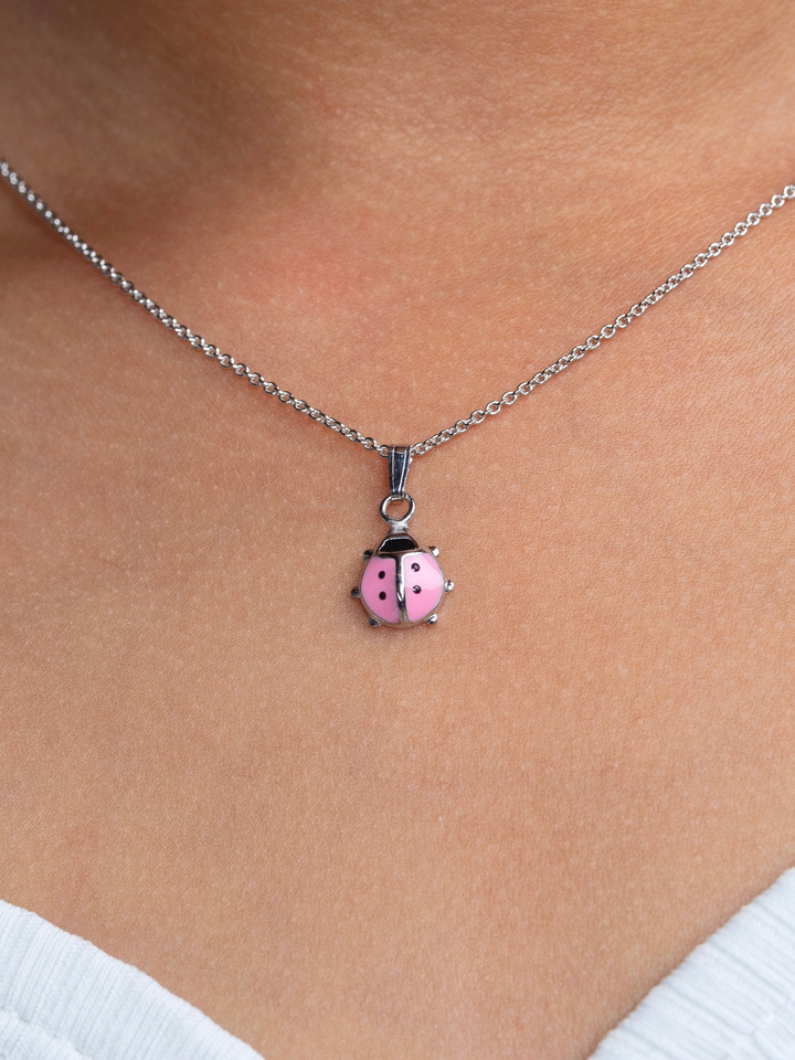 Sterling Silver Pink Ladybug Pendant Necklace