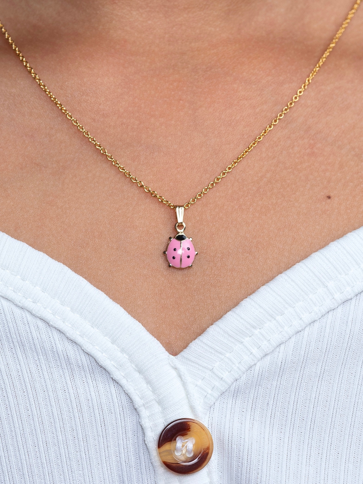 14k Gold Pink Ladybug Pendant Necklace