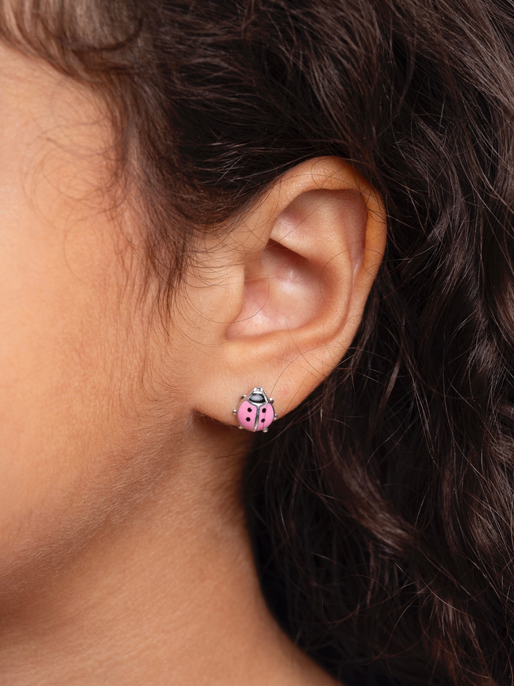 Sterling Silver Pink Ladybug Stud Earrings