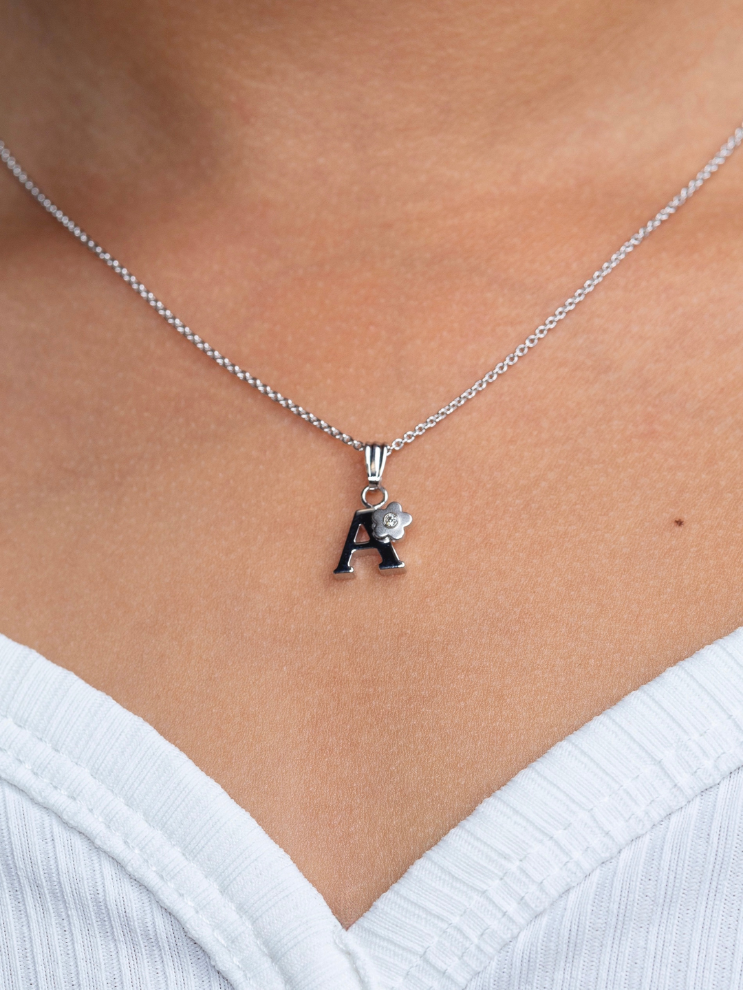 Sterling Silver Initial A Flower Pendant Necklace