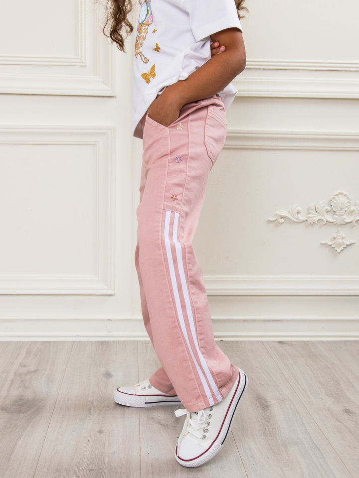 Petal Embroidered Premium Cotton Chino Pants with Charm Chain