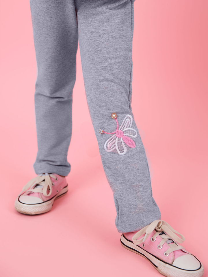 Butterfly Wings Artisan-Stitched Grey Cotton Leggings