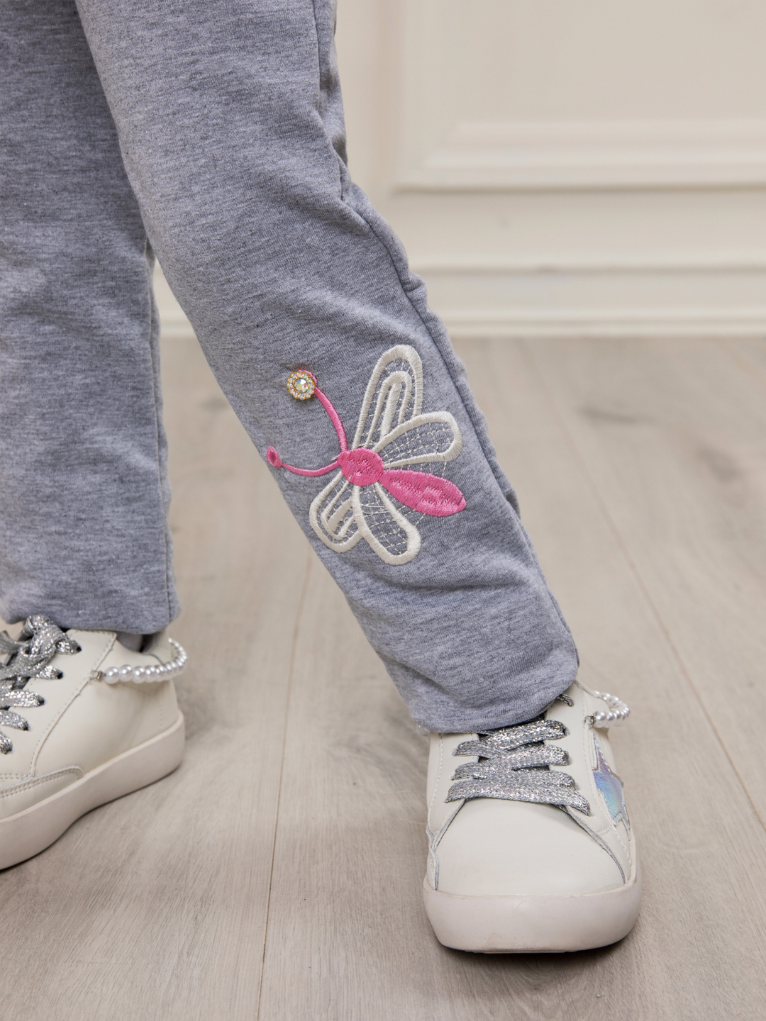 Butterfly Wings Artisan-Stitched Grey Cotton Leggings