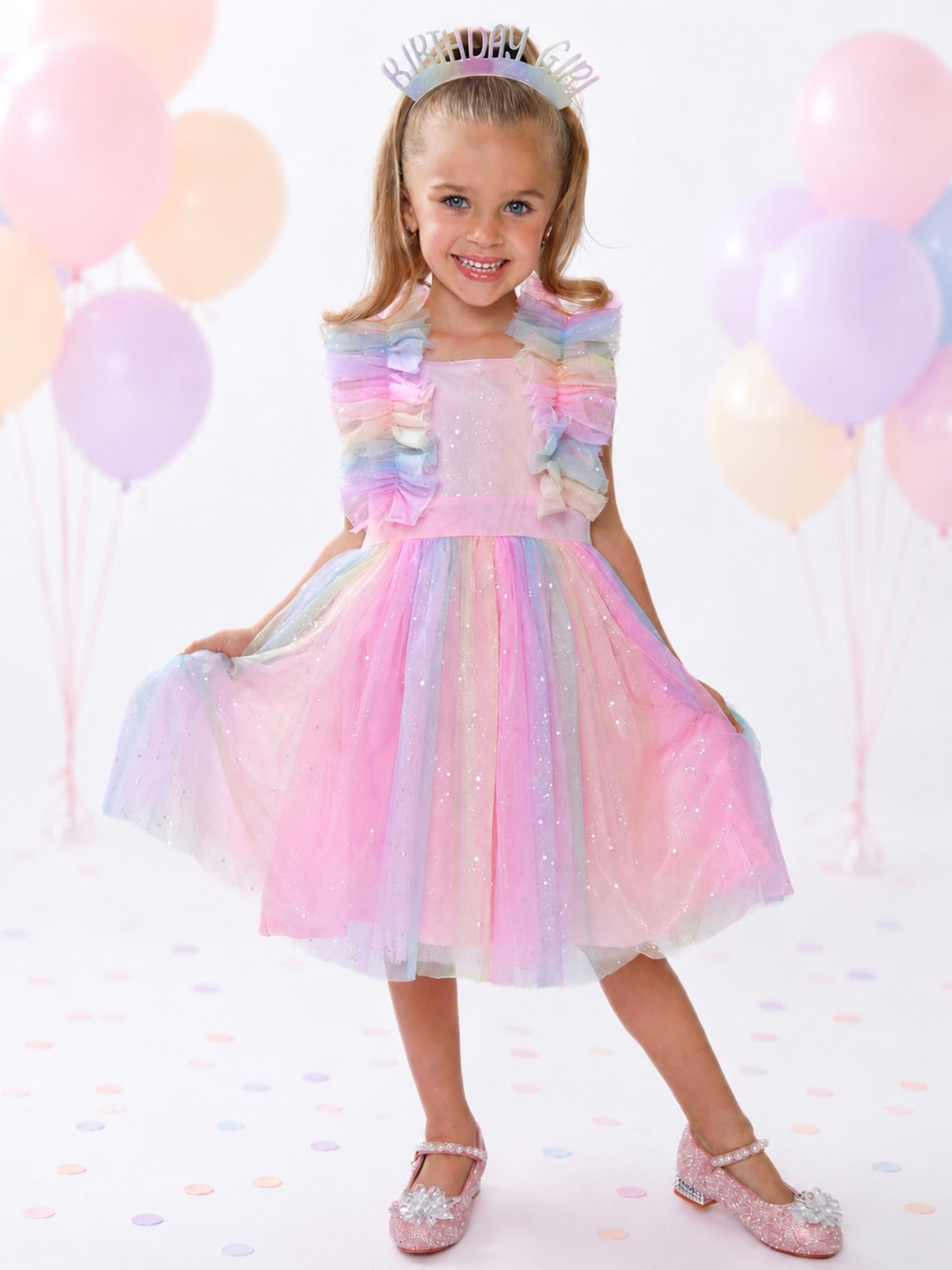 Birthday Magic Rainbow Ruffle Tulle Dress Mia Belle Girls
