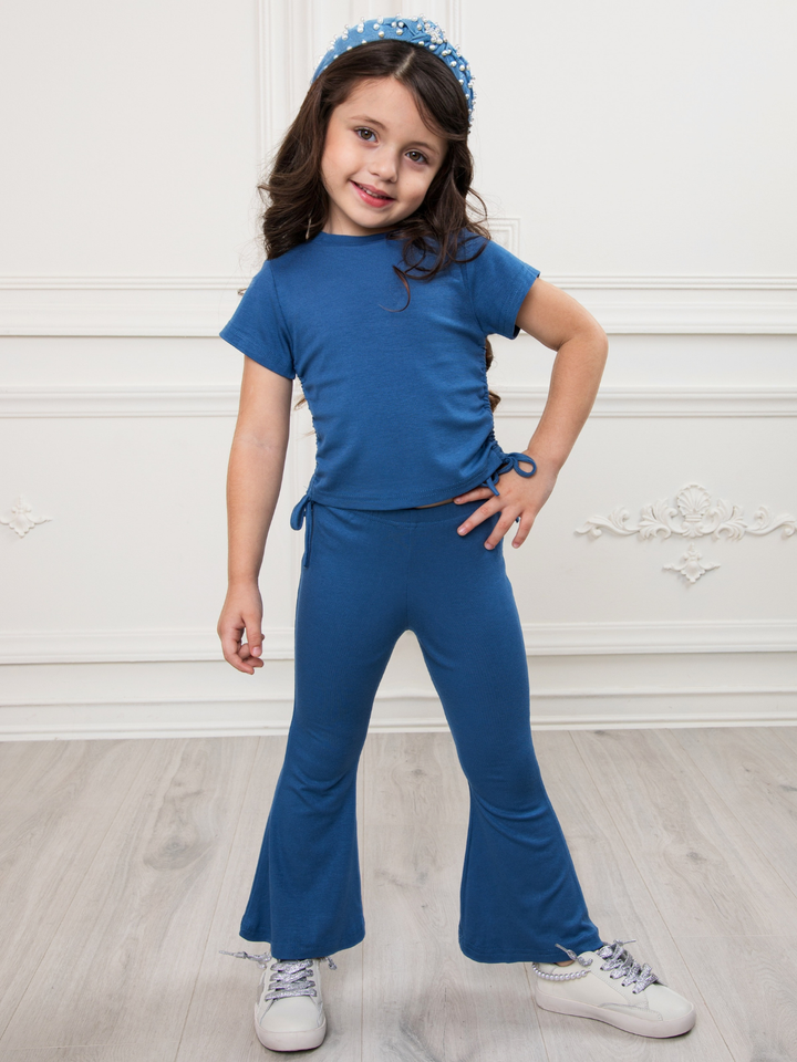 Everyday Stretch Blue Side-Ruched Tee & Flare Pant Set