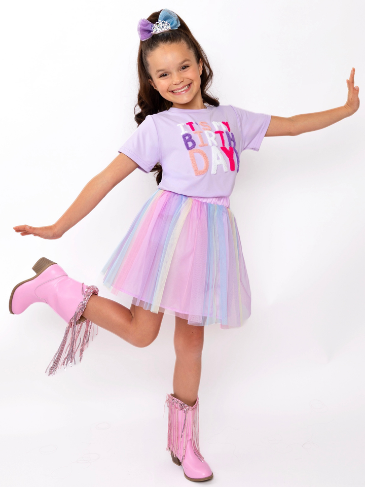 Birthday Sparkle Lavender Top and Rainbow Tulle Skirt Set Mia Belle Girls