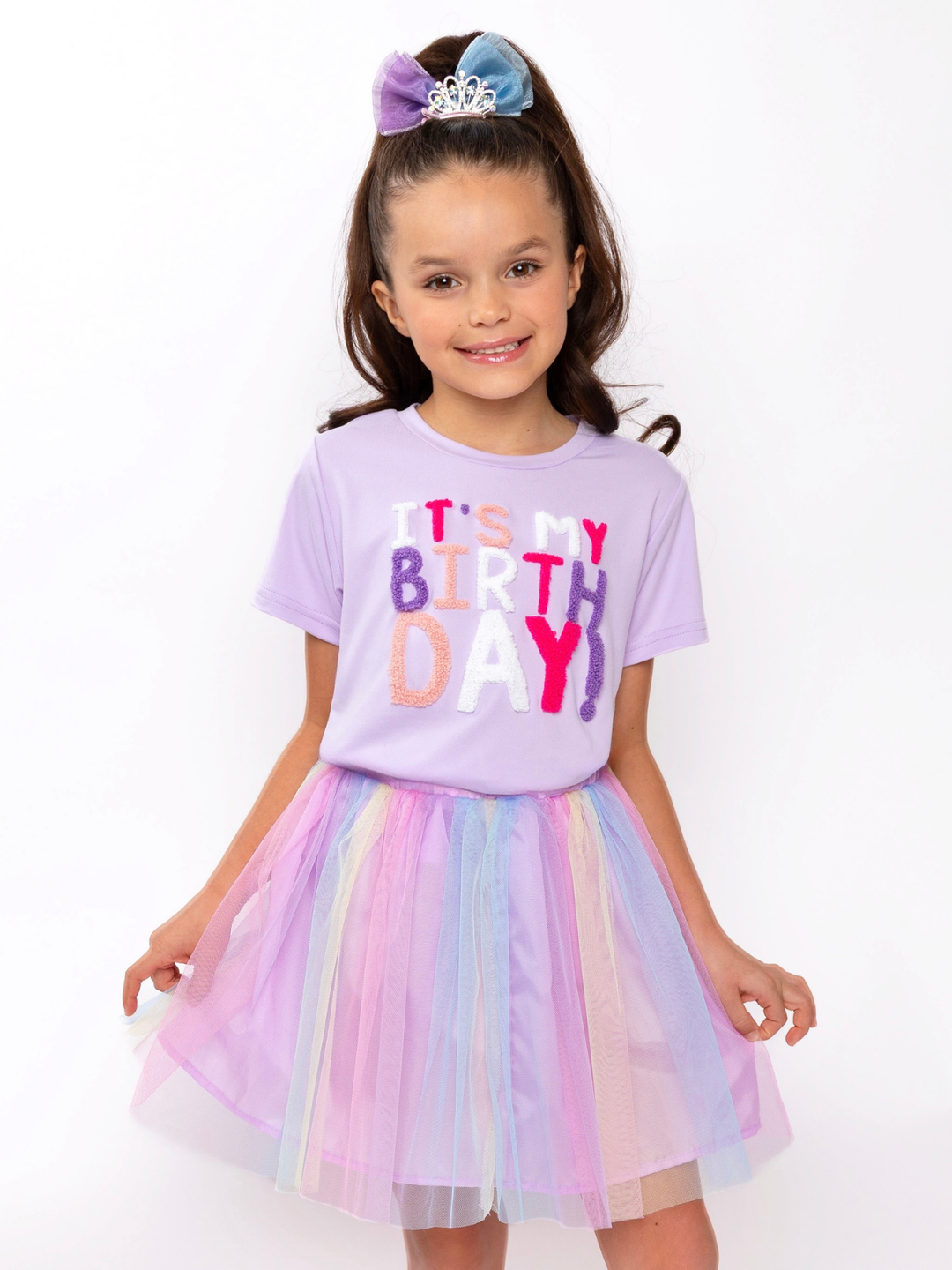 Birthday Sparkle Lavender Top and Rainbow Tulle Skirt Set Mia Belle Girls