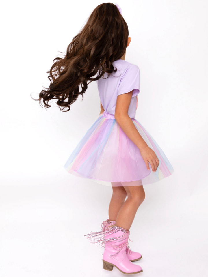 Birthday Sparkle Lavender Top and Rainbow Tulle Skirt Set Mia Belle Girls