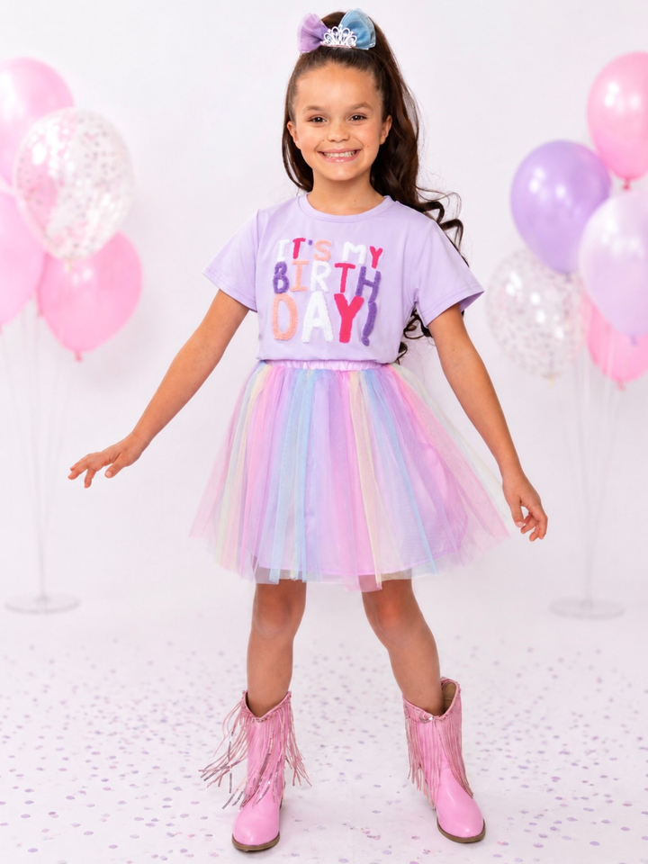 Birthday Sparkle Lavender Top and Rainbow Tulle Skirt Set Mia Belle Girls