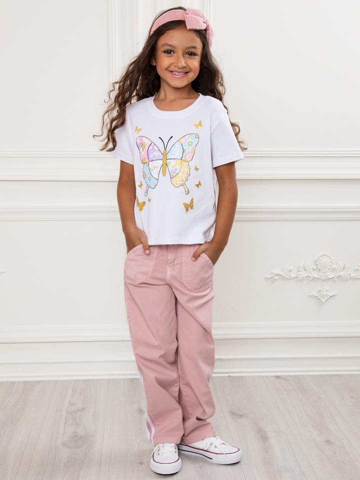 Petal Embroidered Premium Cotton Chino Pants with Charm Chain