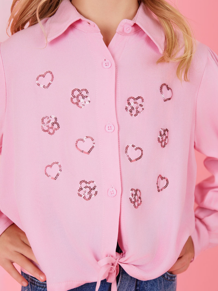 Ultra Luxe Pink Sequined Relaxed Fit Button-Up Top