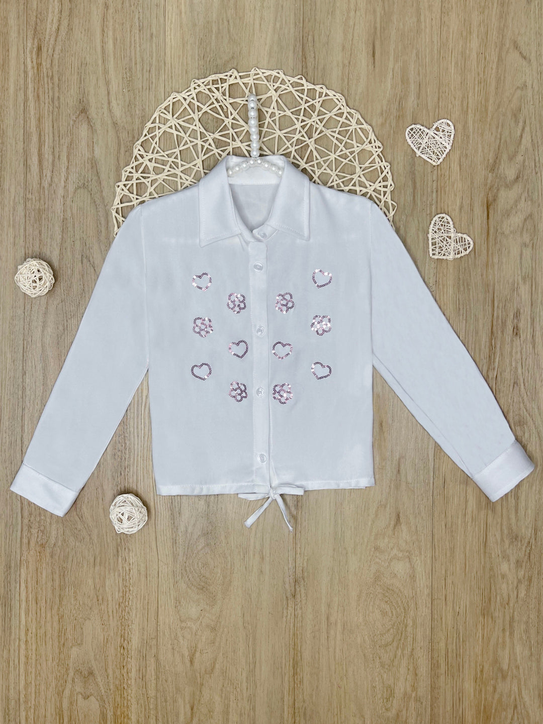 White Sequined Luxe Relaxed Fit Button-Up Top