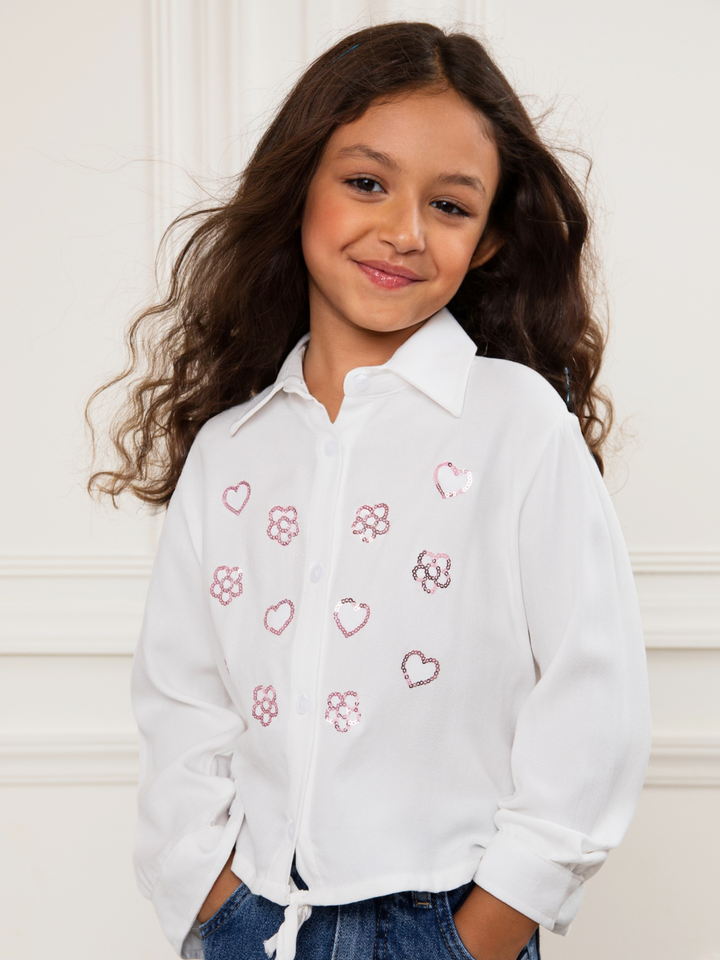 White Sequined Luxe Relaxed Fit Button-Up Top