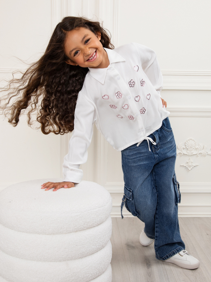 White Sequined Luxe Relaxed Fit Button-Up Top