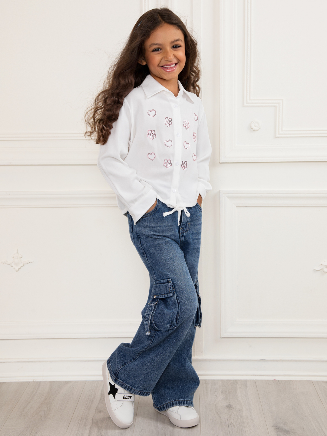 White Sequined Luxe Relaxed Fit Button-Up Top