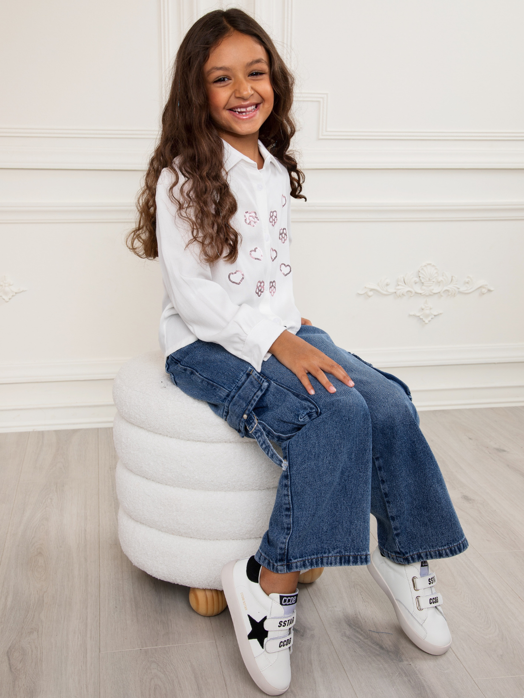 White Sequined Luxe Relaxed Fit Button-Up Top