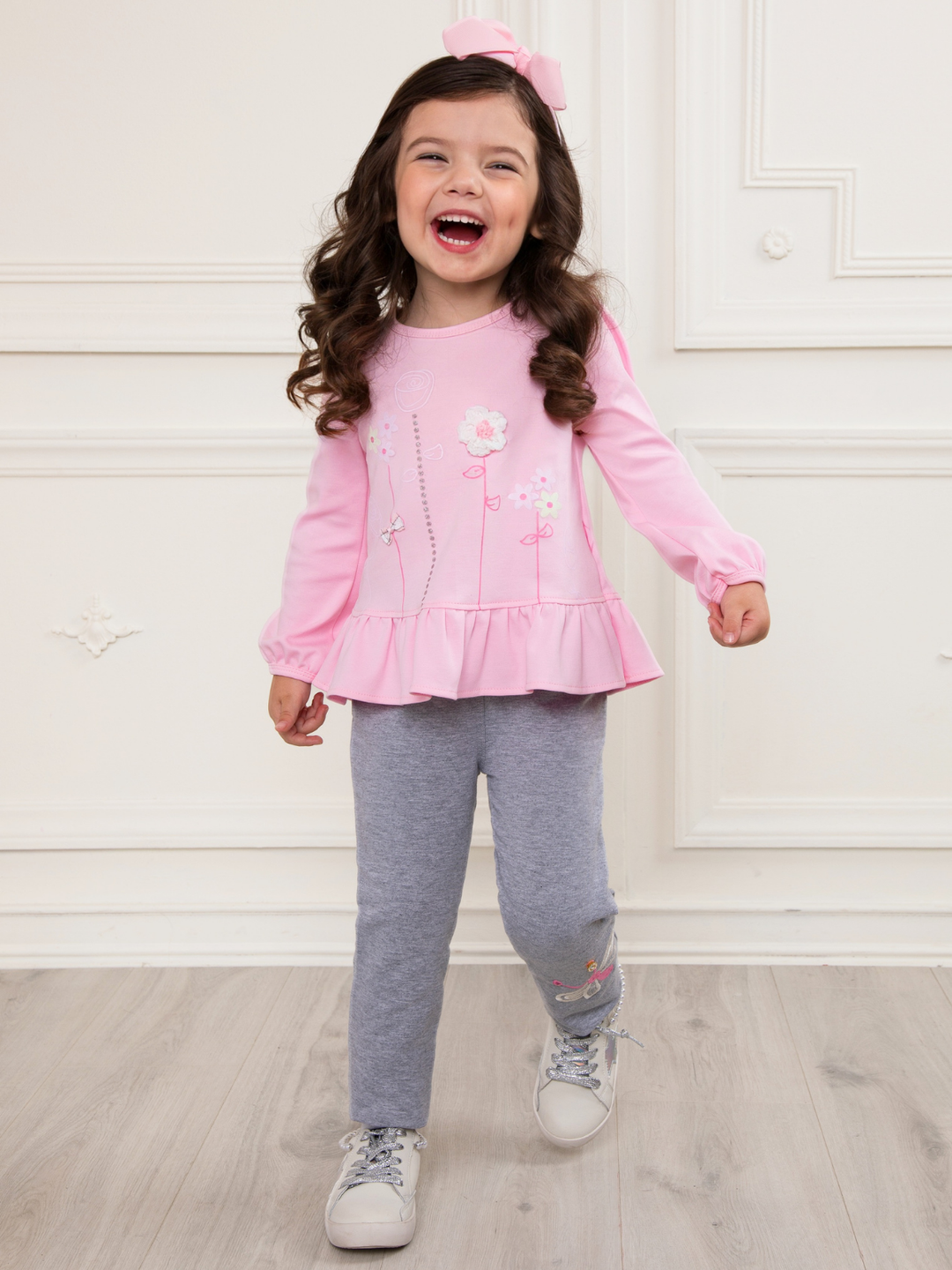 Butterfly Wings Artisan-Stitched Grey Cotton Leggings