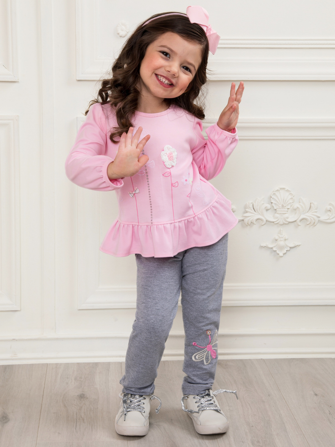 Butterfly Wings Artisan-Stitched Grey Cotton Leggings