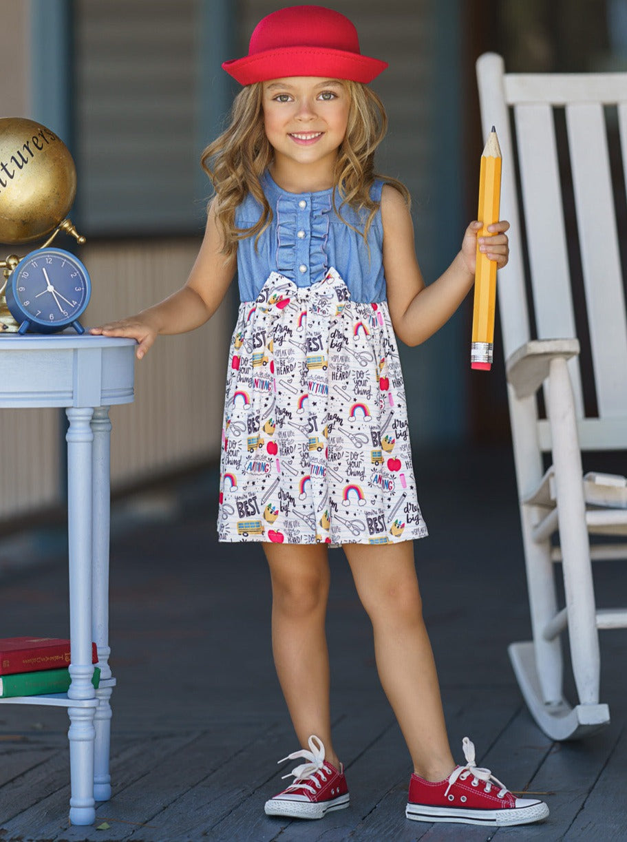 Back To School Clothes | Doodle Chambray Bodice Dress | Mia Belle Girls